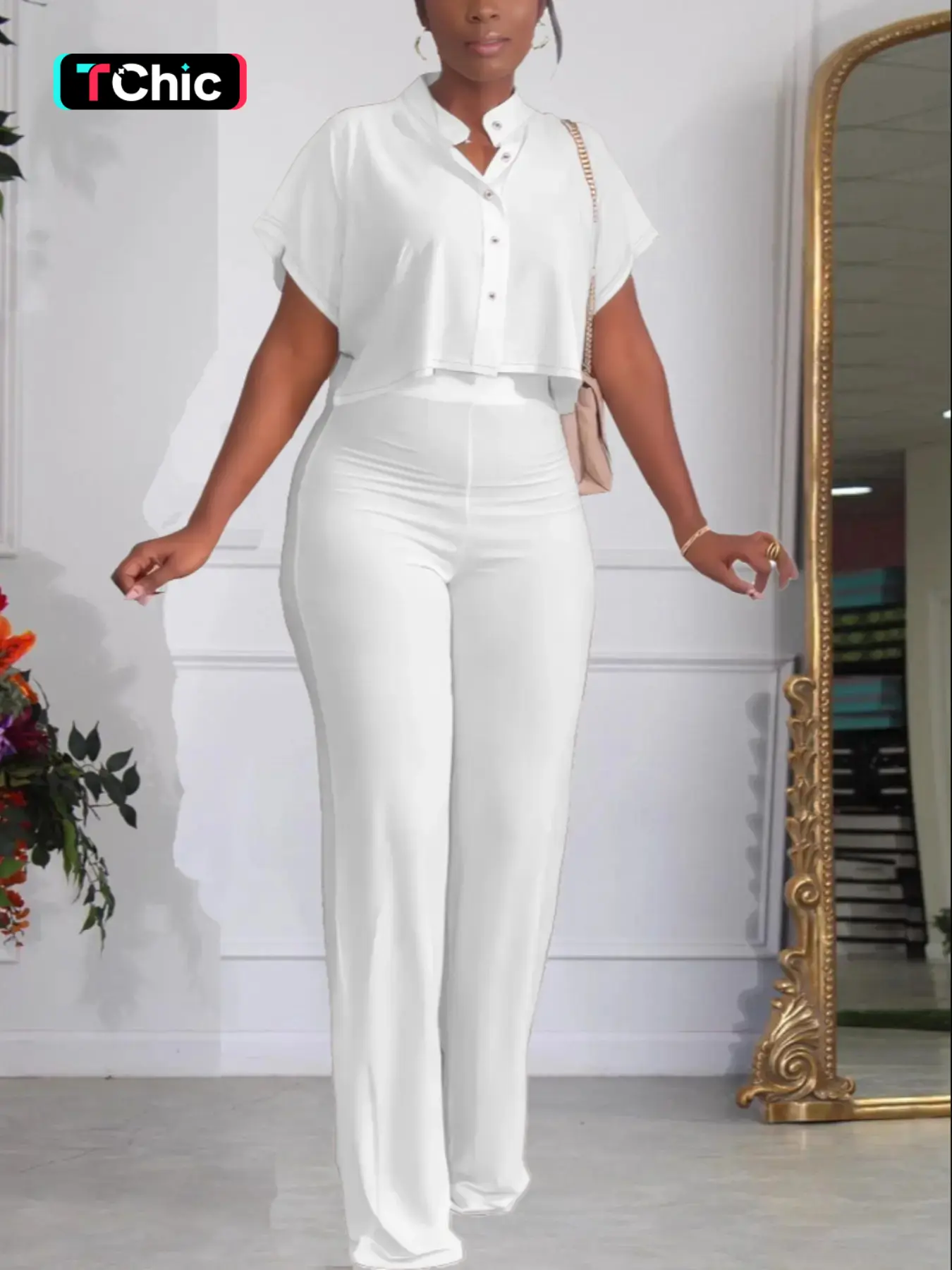 Two Piece Set Women's Back To School Solid Button Front Crop Blouse & Elastic Waist Pants Summer Sets, Batwing Sleeve Stand Collar Top & Straight Leg