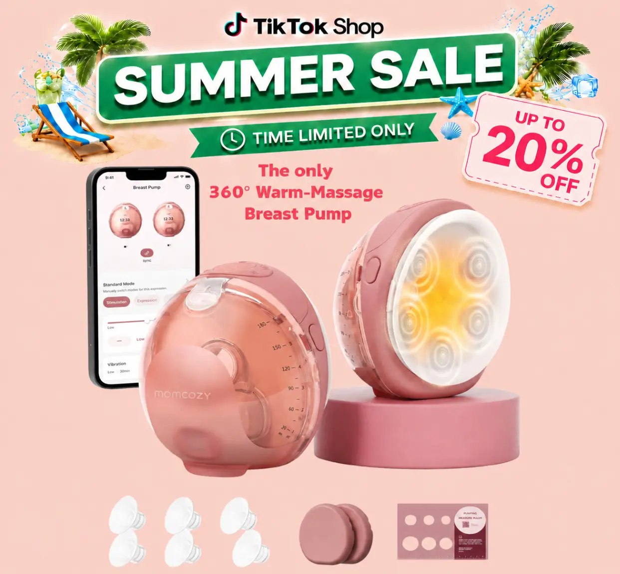 Momcozy Wellness 1 Wearable Breast Pump, Warm-Massage Hands-Free Pump with Heated Flange&Simulated Massage for Comfortable Breastfeeding&Let-Down, App-Controlled, 4 Modes 12 Levels, 180ml/6oz