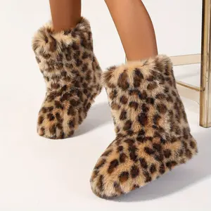 Women's Mid-Calf Faux Fur Boots Y2K Fashion Winter Warm Snow Boots Leopard Print Flat Heel Round Toe Slip-On Cozy Booties with Soft TPR Sole Active Footwear Walking Shoes Tactical