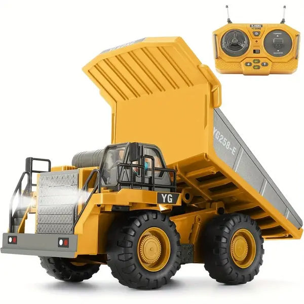 Remote Control Dump Truck, RC Construction Vehicle for Kids with 9 Channel Metal Bed Light Sound & Rechargeable Battery, Electric Transport Garbage Truck Toy for Toddlers Boys Girls Age 6+