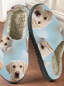 Cute Labrador Print Cotton Slippers, Cozy Fleece Lined Anti-Slip Thick Sole, Home Warm Shoes for Men and Women, Fall Winter