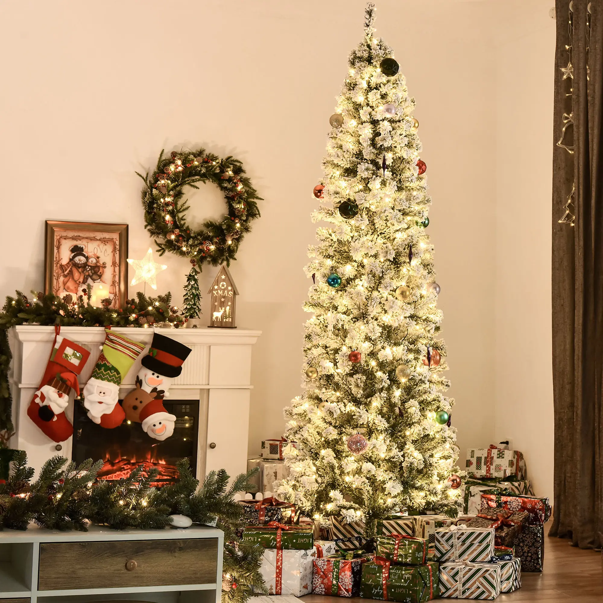 HOMCOM Pre-Lit Snow-Flocked Slim PVC Douglas Fir Artificial Christmas Tree, 6ft/7.5ft Height, 120V/60Hz, Realistic Detachable Branches, 250/350 Built-In Lights, 462/641 Tips, LED Display, Indoor Holiday Home Decor, Christmas Ornaments, Plastic