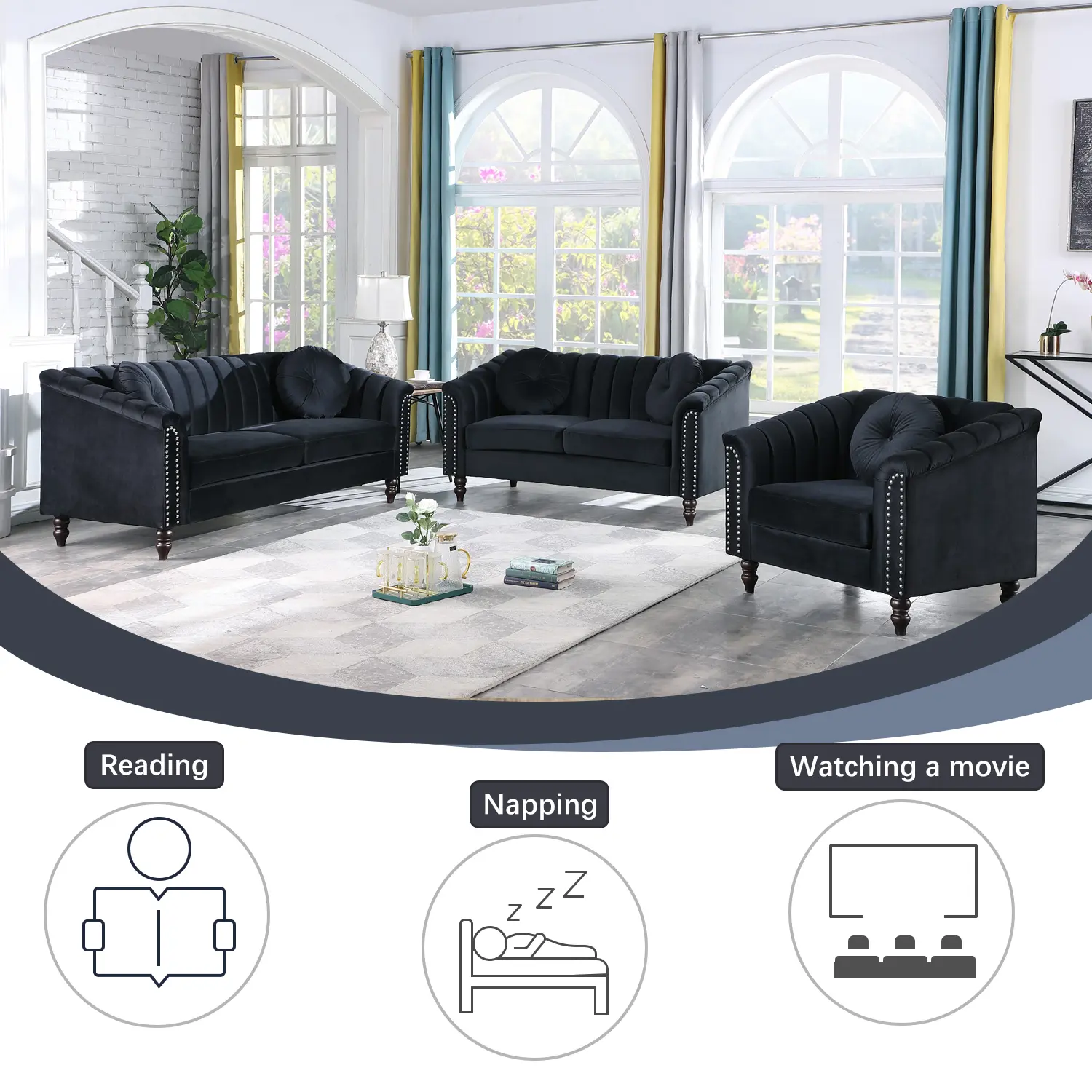 Black Microfiber 3-Piece Sofa Set - Indoor Living Room Furniture Couch