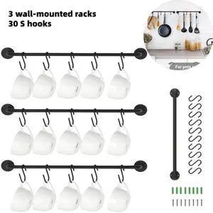 3 PCS Kitchen Wall-mounted Hooks (30 Hooks), Pan Holder, Cup Storage Organizer, Wall-mounted device suitable for hanging rails, suitable for kitchens, restaurants and coffee bars