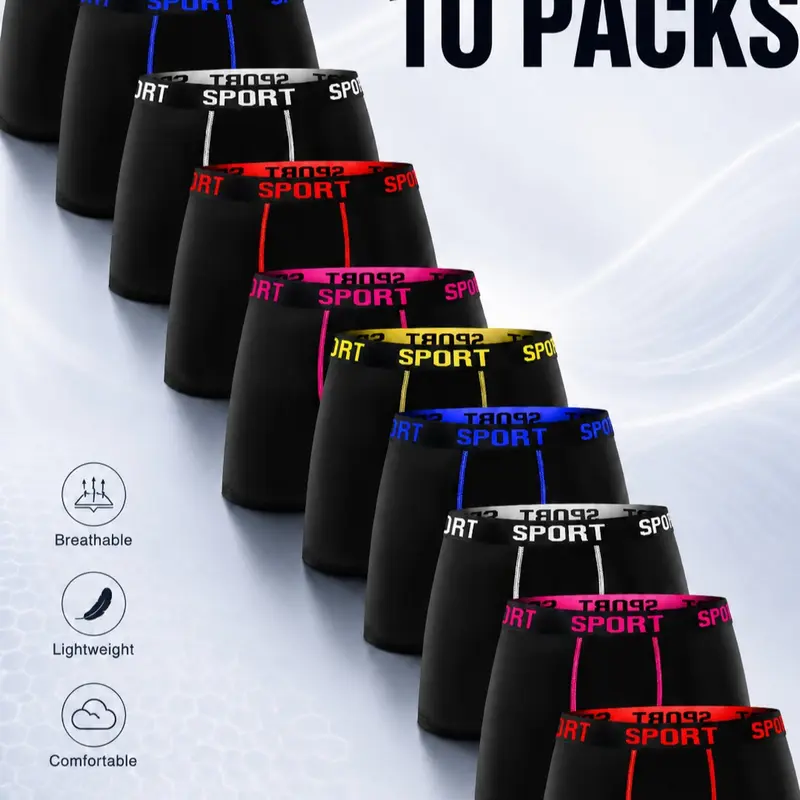 10 Pack Men’s Boxer Briefs with Letter Tape Waistband, Stretch Breathable Underwear, Soft Athletic Boxers for Gym & Daily Wear