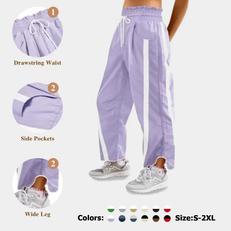 Women's Baggy Wide Leg Pants Casual Drawstring Elastic Waisted Contrast Color Workout Y2K Track Pants Crop Top Comfort FallFreshness Lightweight Outdoor outfit cuffed wide leg sweatpants joggers #TikTokShopJumpstartSale Fitted Parachute sweatpants