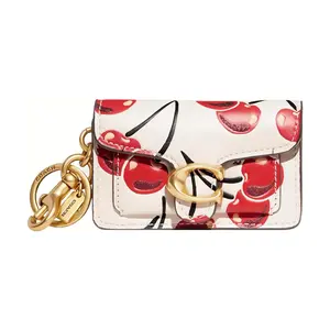 COACH Cherry Print C-Logo Flap Leather Handbag Accessory for Women, Mini White