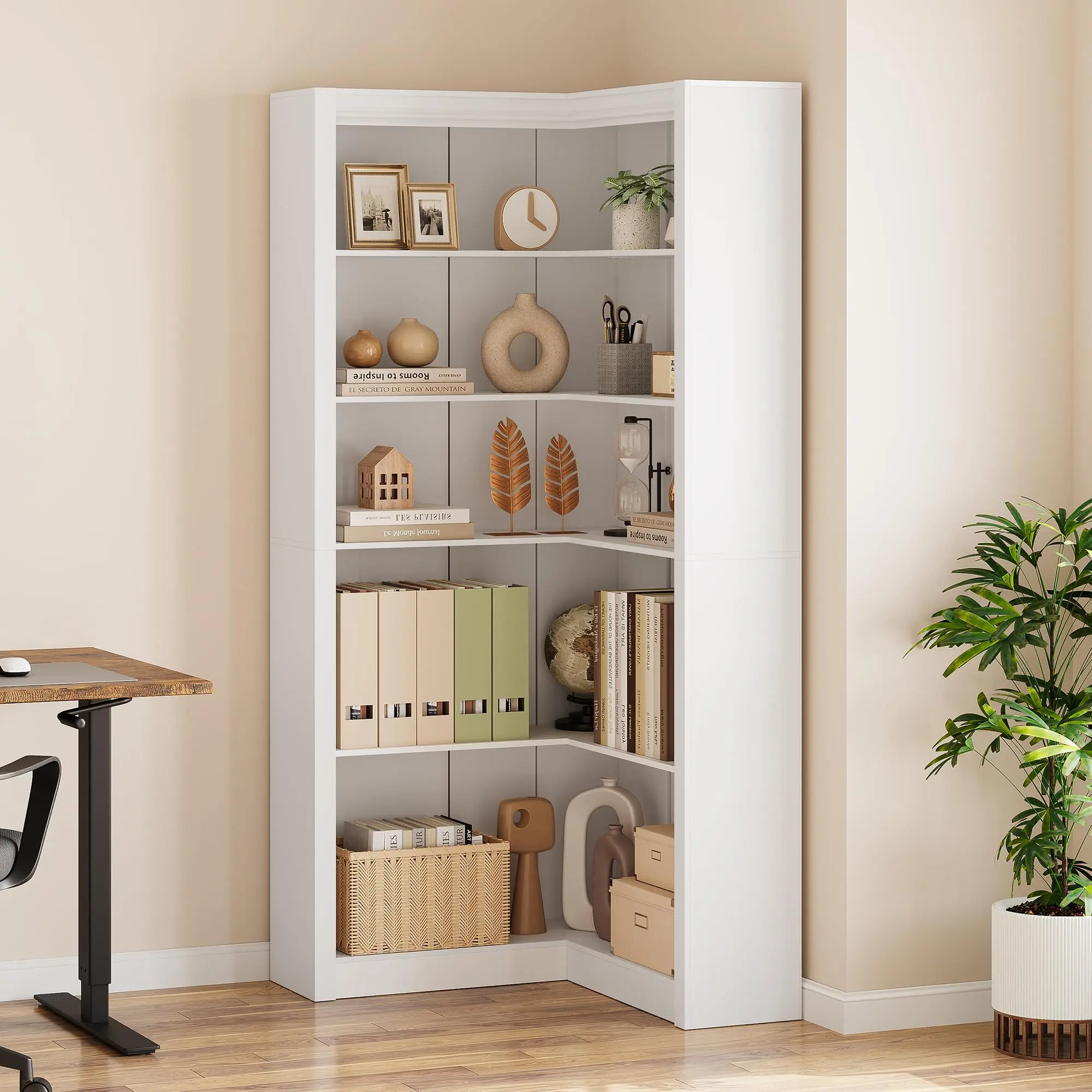 Space-Saving L-Shaped Corner Bookshelf - 71.8'' Tall, 5-Tier Heavy Duty Bookcase with Large Open Storage Shelves, Modern Farmhouse Office Furniture for Home, Bedroom, Living Room, White Finish