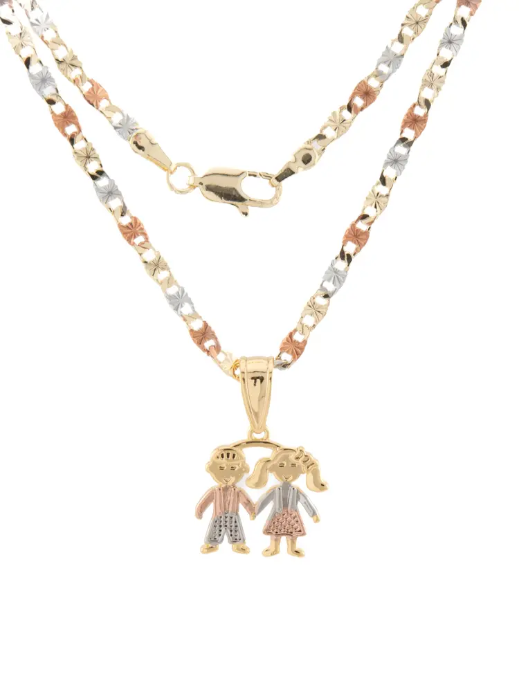 New Pendant of Two Boys or Two Girls Or Boy & Girl Charms in Tri-Color Gold-Plated with 20-Inch Tri-Color Gold-Plated Chain Necklace For Daughter Handmade Fashion Accessory