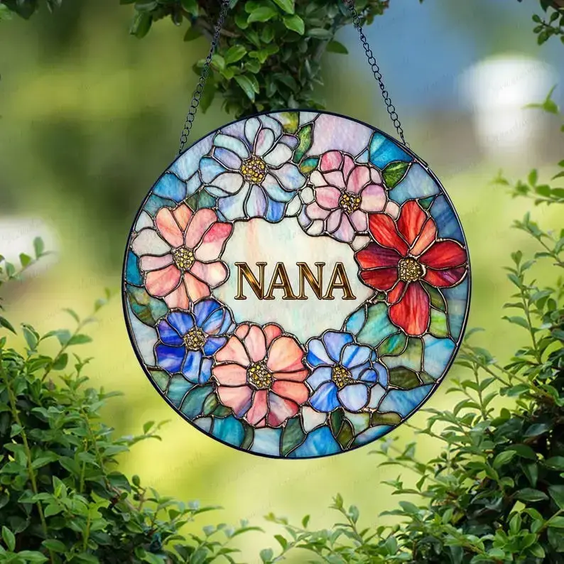 Colorful Decorative Flower Stained Glass Style Round Window Hanging, Hangable Suncatcher, Grandma Gift from Grandkids for Home Decor