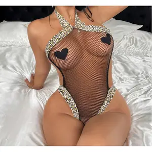 1 piece Women's Sexy Halter Neck Jumpsuit - High Stretch Leopard Print & Fishnet Patchwork, Valentine's Day & Christmas Party Outfit, Club Wear, TikTok Viral Fashion