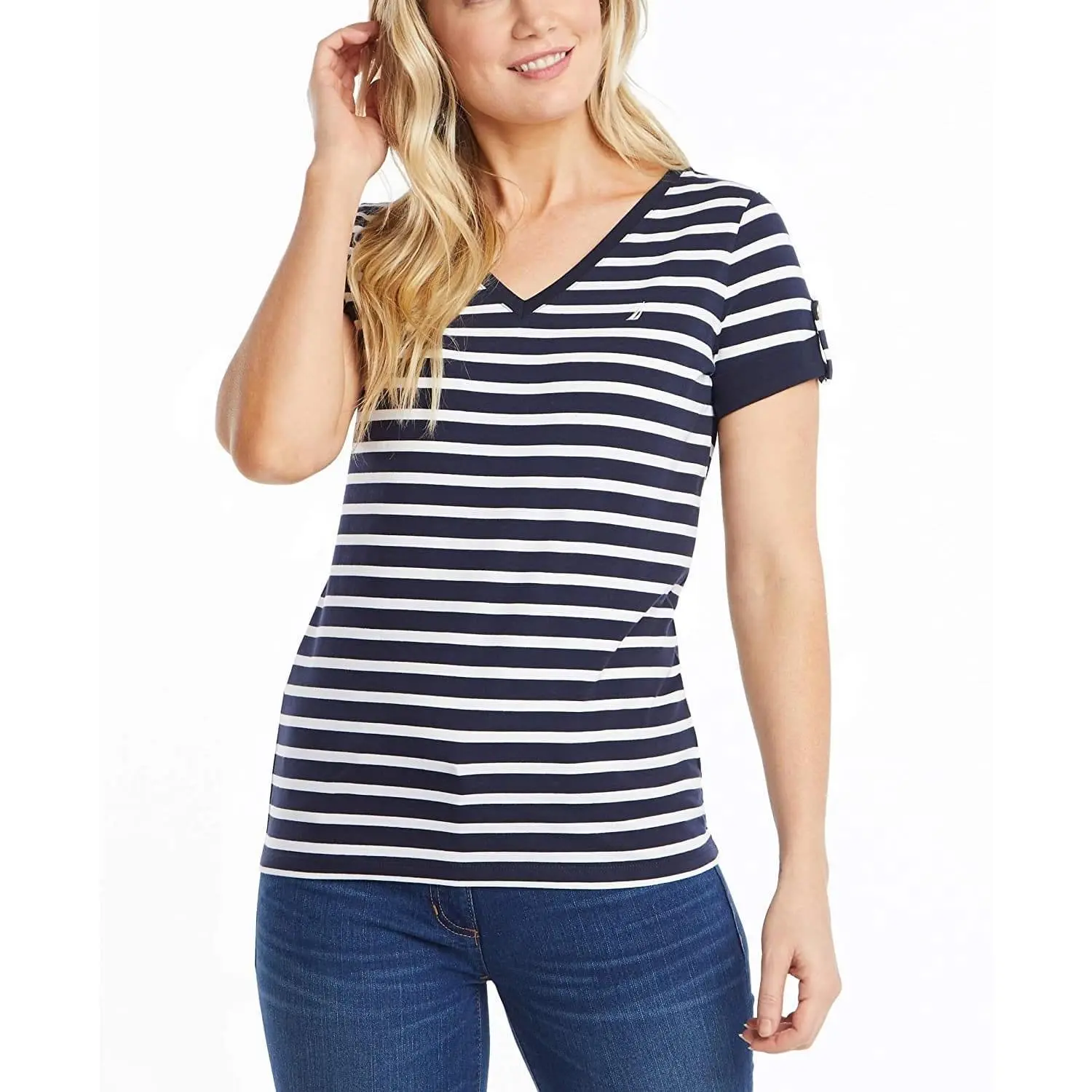 Nautica Women's Supersoft Stretch Cotton V-Neck Striped T-Shirt