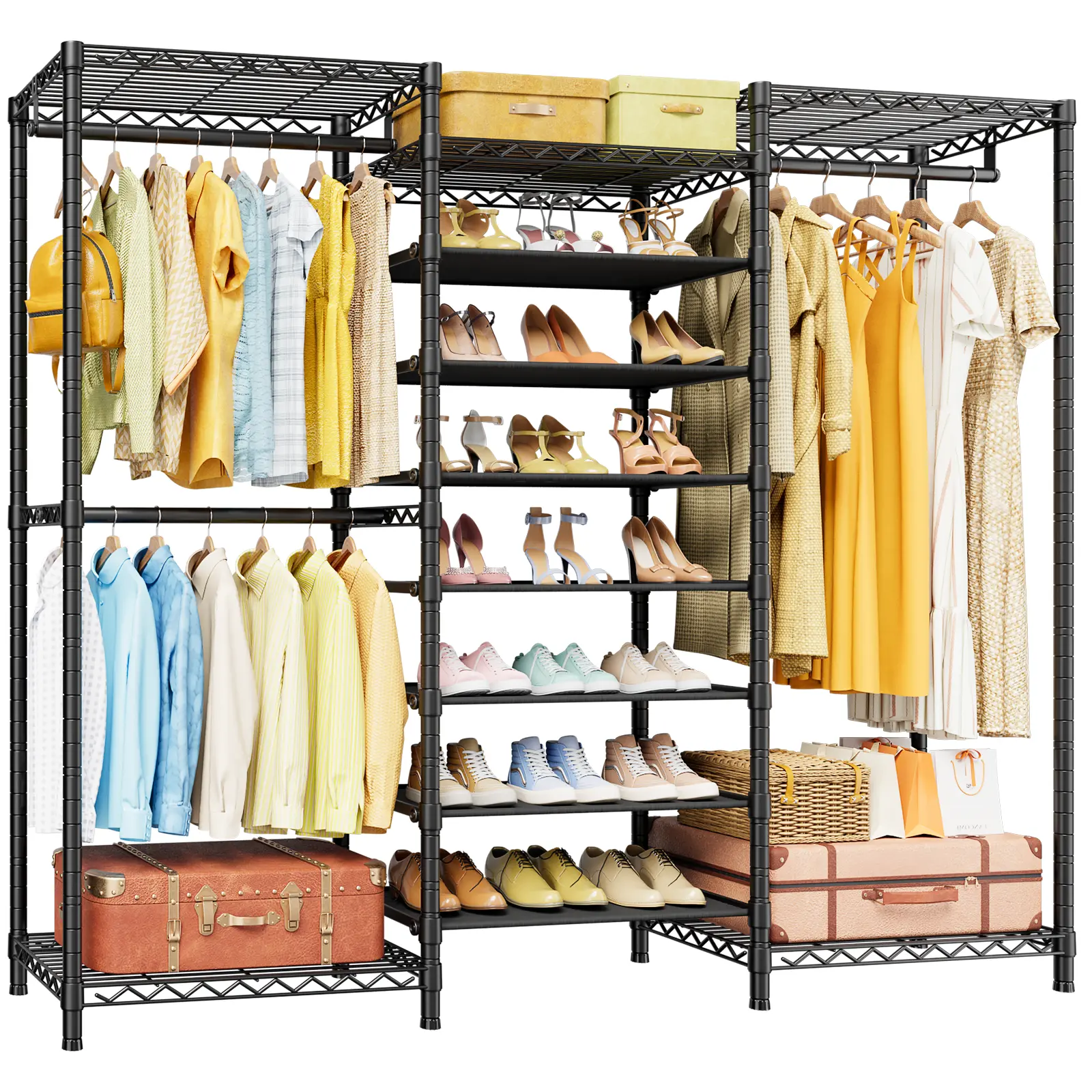 E16 Heavy Duty Clothing Rack（with 7-Tier Adjustable Shoe Rack） Freestanding Rack for Hanging Clothes，Metal Closet Storage Organizer Large Wardrobe，69'' W x 15.8'' D x 76.2'' H，Black