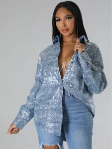 Sequin Denim Button Down Top