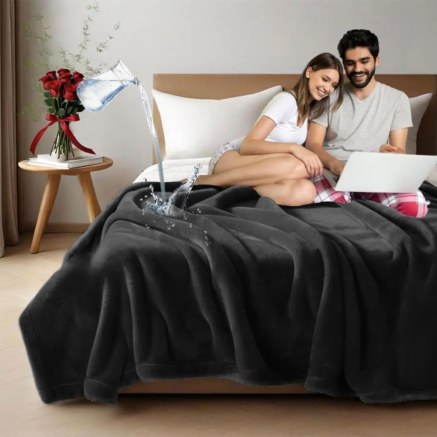 Water Proof and Stain Proof Blanket for  Moment, Black  Blanket for Love  Size 90'' x 80'',  Throw Blanket for Couples Against Spills