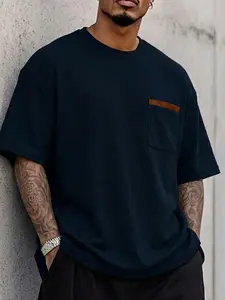 Men's Shortsleeve T-Shirt with Pocket, Loose Fit Stylish Streetwear for Outdoor Sports, Retro Casual Fashion for Campus Life