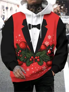 Men's 3D Digital Printed Christmas Sweater Jacket with Hood - Red and Black Tuxedo Design, Gold Bow Tie and Snowflake Pattern, Machine Washable Winter Party Clothing Suitable for Festive Events, Casual to Formal Wear, Fun Hooded Jumper with Drawstring