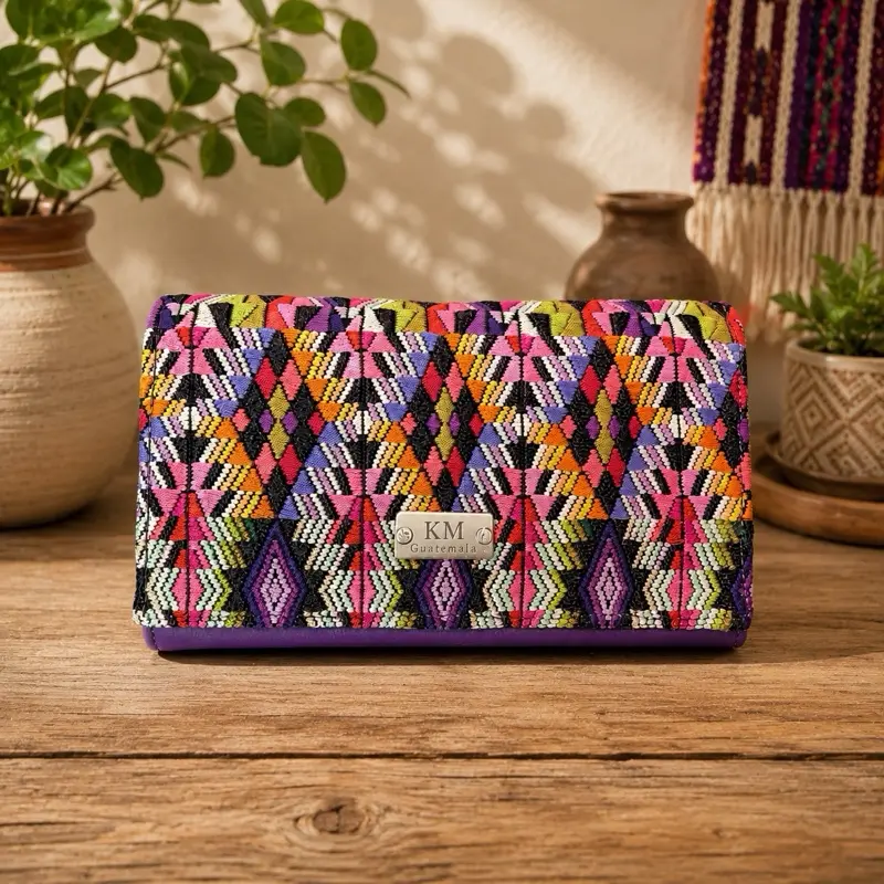 Handmade Guatemalan Woven Wallet with Purple Vegan Leather