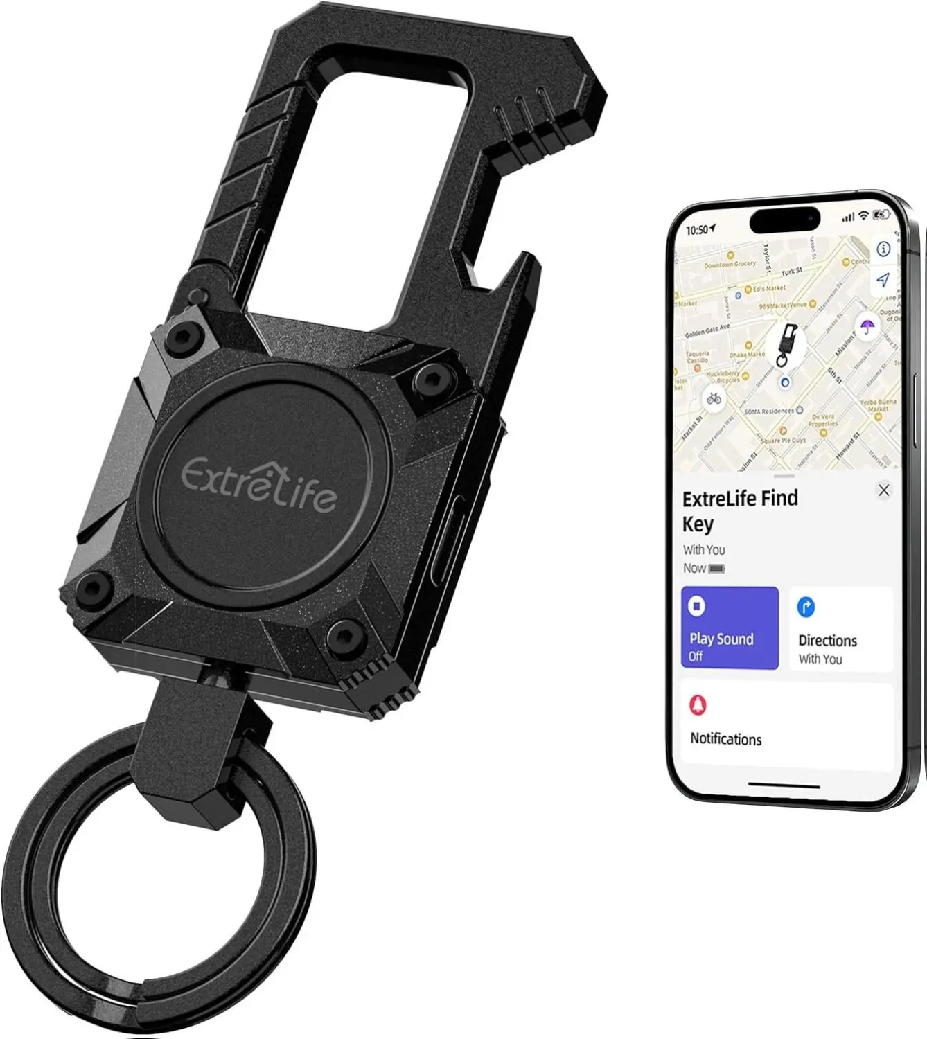 Keychain, Works with Apple Find My, Heavy Duty Keychain Bottle Opener, Carabiner Car Key Chains with Gps Tracker, Key Finder, Bluetooth Tracker for Luggage, Kids, Bags and More, Rechargeable, Black Metal Steel