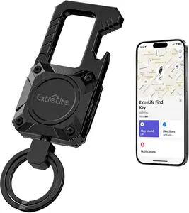 Keychain, Works with Apple Find My, Heavy Duty Keychain Bottle Opener, Carabiner Car Key Chains with Gps Tracker, Key Finder, Bluetooth Tracker for Luggage, Kids, Bags and More, Rechargeable, Black Metal Steel