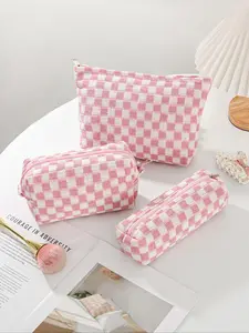 Plaid Pattern Makeup Bag Set, Cute Zipper Makeup Organizer, Makeup Pouch, Versatile Storage Bag for Cosmetic, Skin Care, Travel Essentials, Dormitory Essentials
