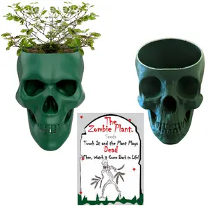 Zombie Plant Seed Kit – Includes 2 Spooky 3D  Mini Skull Flower Pots | Halloween Gothic Planters for Zombie Plants, Succulents, and More | Grow a Plant That "Plays Dead" When Touched!
