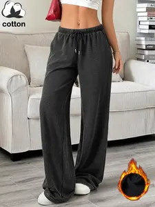 Washed cotton plus velvet casual sports trousers, simple solid color, elastic waist drawstring wide leg straight trousers, autumn and winter pocket plus velvet women's trousers