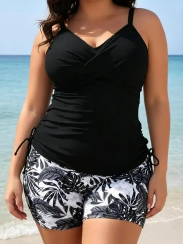 Women's Plus Size 2-Piece Tankini Swim Set - Solid Black Wrap Front Ruched Drawstring Top, Monochrome Palm Leaf Print Shorts, Curve-Friendly Modest Swimwear for Summer Seaside Vacation (Women's Swimsuits, Plus Size Bathing Suits)