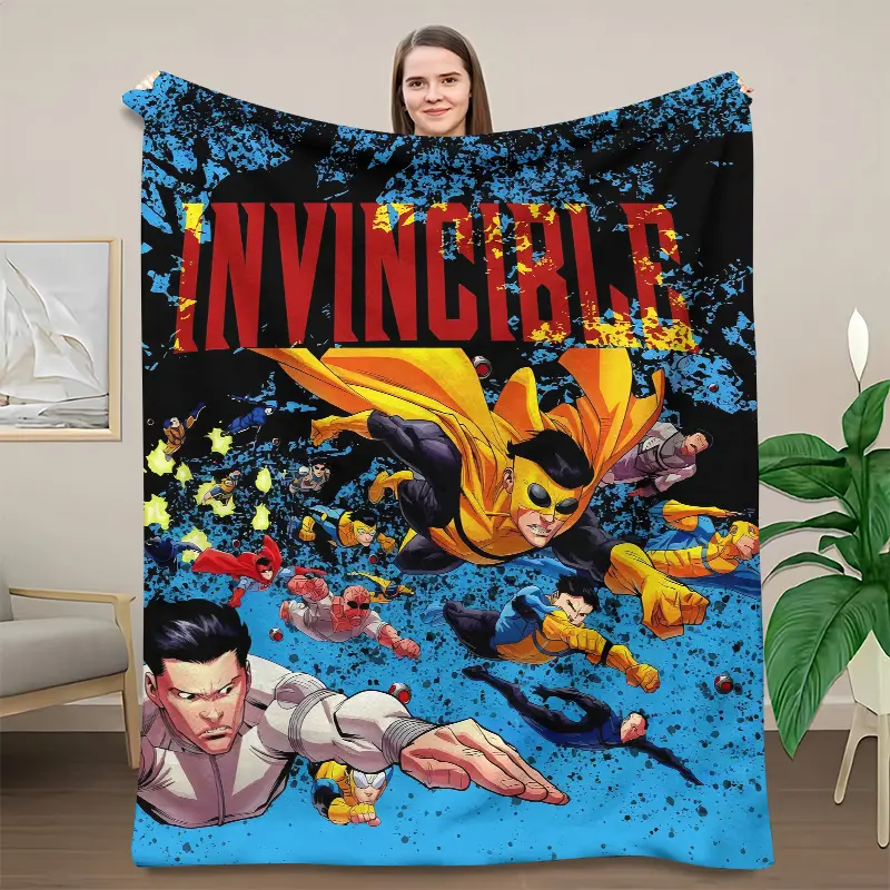 Invincible Superhero Comic Print Flannel Fleece Throw Blanket - Mark Grayson Character Group Art, Vintage Retro Splash Paint, Breathable Soft for Gaming Rooms Decor, Fan Gift