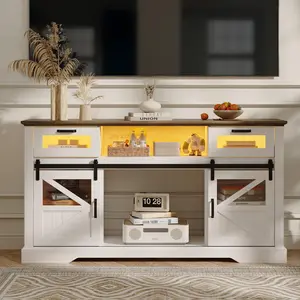 [SummerVibes] Vabches Modern TV Stand for 65-Inch Televisions, Glass Media Entertainment Center with Storage Cabinet, Adjustable LED Light, and Sliding Barn Doors, Living Room Media Console Table