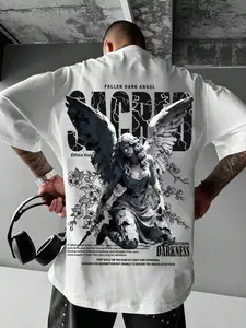 Men's Casual Sporty Short Sleeve Shirt, Sacred Angel Print, Comfortable Round Neck T-Shirt for Outdoor Gym Sports, Streetwear