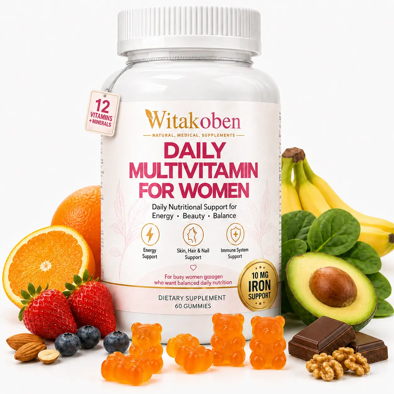 Witakoben 12-in-1 Multivitamin Gummies with Iron & Zinc, D3 + K2, Vitamins A C E, B1 B2 B6 B12 & Biotin, Daily Wellness & Energy Support