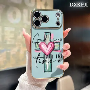 Electroplating Phone Case for iPhone 17 15 Pro Max Air 16 14 Plus 13 12 11 Trendy Heart Cross God Is Good Classic Square Design Non Slip TPU Soft Shell