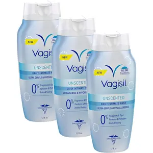Vagisil Feminine Wash for Intimate Area Hygiene, pH Balanced and Gynecologist Tested, Unscented, 12 oz (Pack of 3)