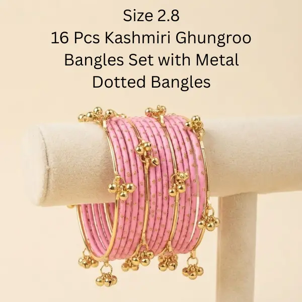 Women's Party Wear Kashmiri Ghungroo Bangles Set - 2.8 Size, 16 Pcs with Metal Dotted Bangles