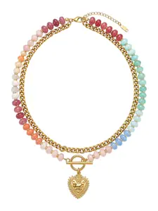 Women's Rainbow Natural Stone Heart Pendant Necklace Set, Stainless Steel Cuban Chain Jewelry Gift for Women