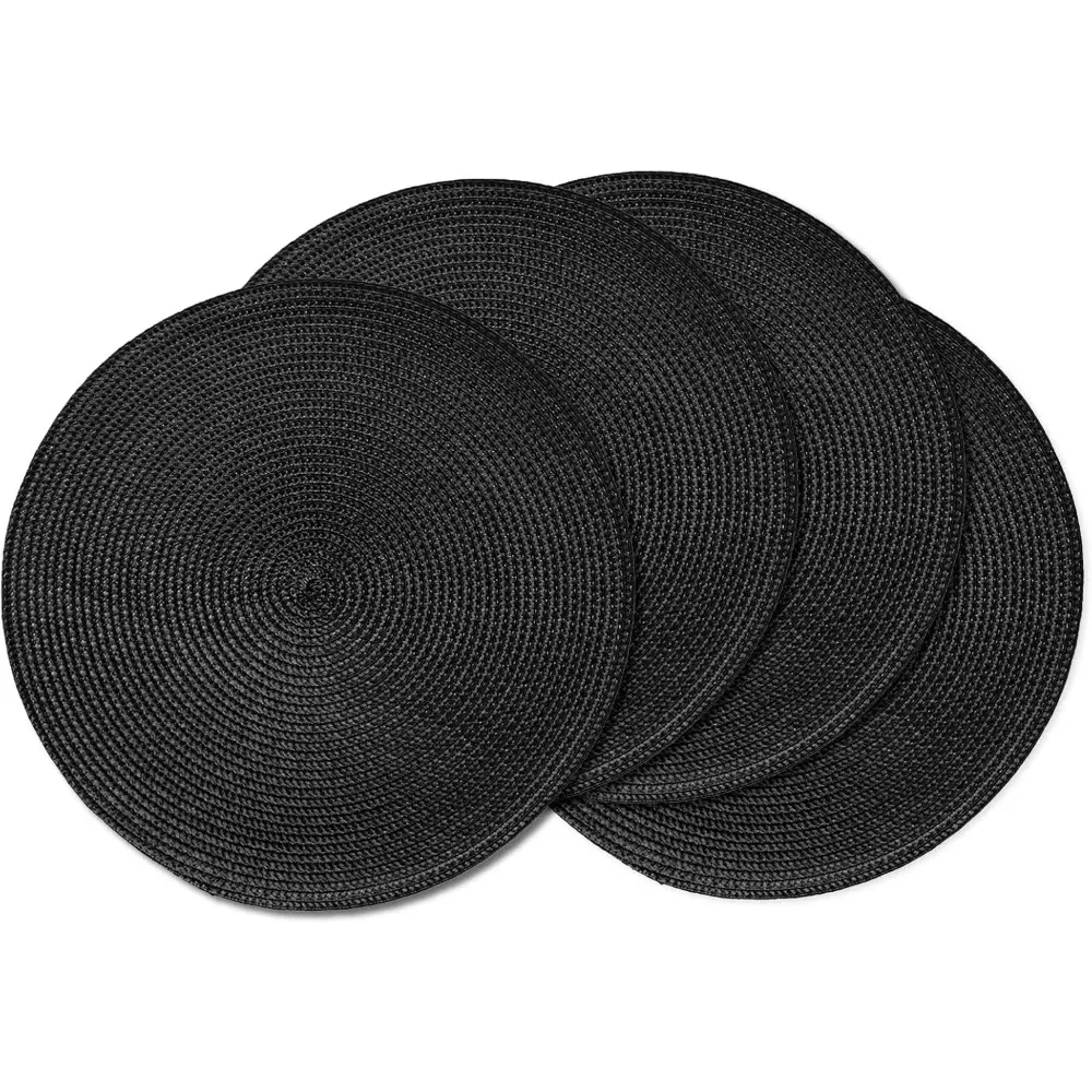 Handmade Braid Round Placemats Set of 4 (Black), 15 in Eco PP Oval Tableware Mats, Heat-Resistant, Washable for Indoor Dining Tables, 15 In Round