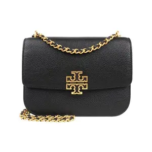 Tory Burch Britten Double T Logo Perforated Flap Crossbody Bag in Black Leather with Adjustable Chain Strap for Women