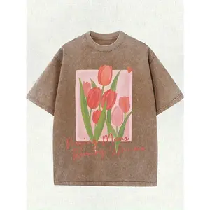 230g Washed Cotton Round-Neck Short-Sleeved Top, Tulip, Innovative Pattern, New Spring And Summer Styles For Both Men And Women, Fashionable And Clothing, Loose Clothes With A Retro And Distressed Design