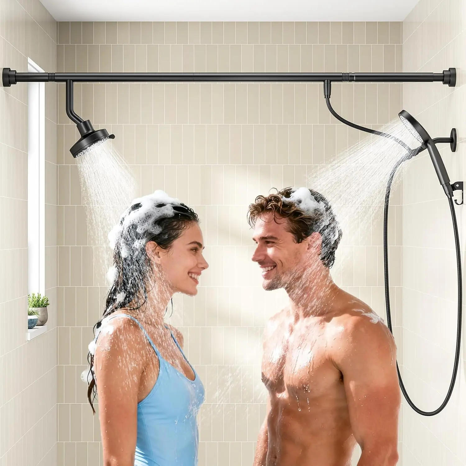 Shower  with Handheld for Couples, High  Double Shower Heads for Two People Rod, Two Showerhead System Fit 2 Person, Gifts for Women Men, -Like (Black, Segmented Design)