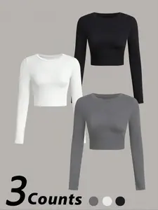 3 Pack of Women's Solid Color Slim-Fit Long Sleeve Cropped Round Neck Knit T-Shirts, Casual Tops for All Seasons, Perfect for Everyday Wear, Knitwear