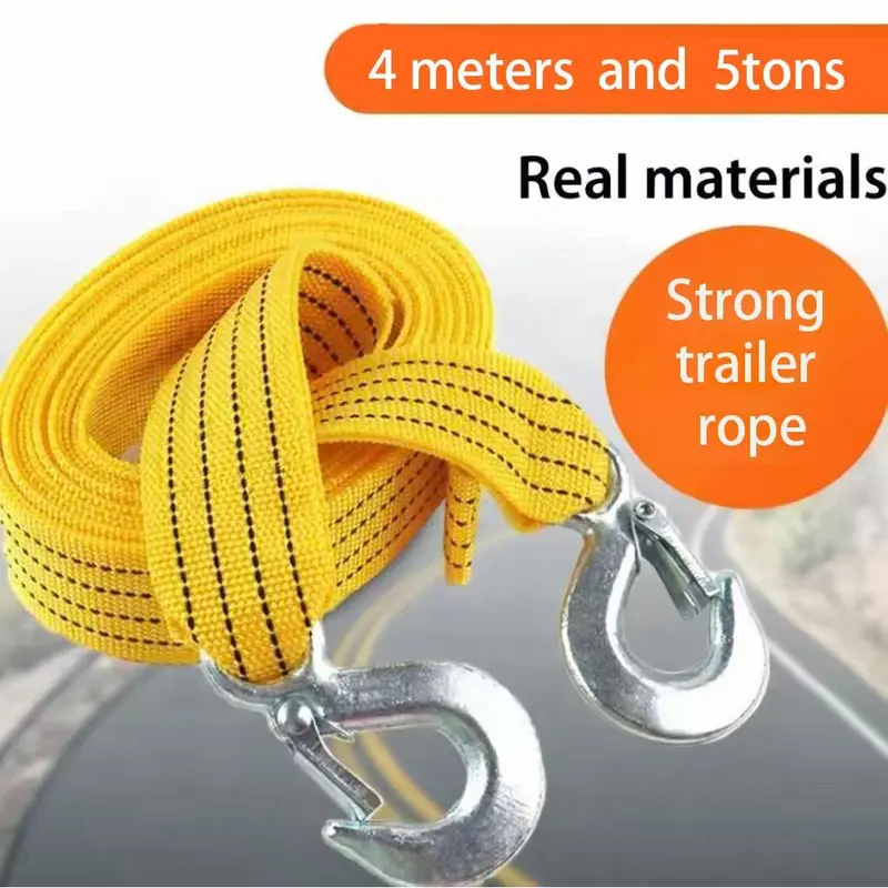 5-Ton Durable Automotive Tow Strap - 4m Thickened Flat Strap, Double-Layer Multifunction Recovery Tool, Off-Road Towing & Flat Towing Gear with Hook, Portable Bag, Winch Cable for Outdoor Tough Pulls