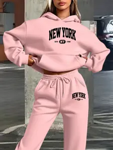 Women's Fall & Winter Fitted Sportswear Set, Warm Animal Print Hooded Casual Style, Letter Text Printed Streetwear Pocket Design, Graphic Tracksuit, Sweatsuit Set Outfit