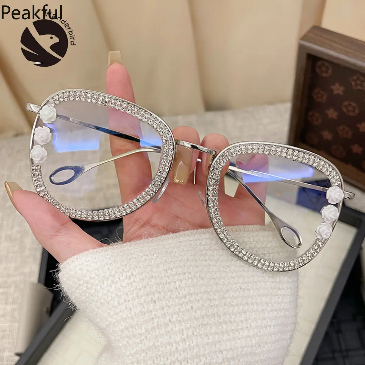 Floral Rhinestone Square Eyeglasses, Trending Blue Light Blocking Glasses, Sparkly Crystal Frame Anti-Fatigue Eyewear,2026 delicate rose accent & bling border design, perfect for daily office use, screen time, casual styling and feminine fashion looks