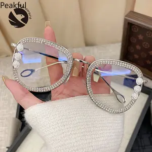 Floral Rhinestone Square Eyeglasses, Trending Blue Light Blocking Glasses, Sparkly Crystal Frame Anti-Fatigue Eyewear,2026 delicate rose accent & bling border design, perfect for daily office use, screen time, casual styling and feminine fashion looks