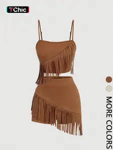Adjustable Strap Fringe Outfit, Western Spaghetti Strap Cami & Skirt Matching Set, Womenswear