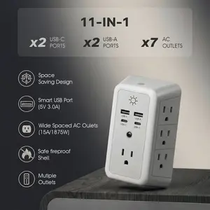 BEJUVG wall socket extender, 3-sided 7-hole adapter spacing socket accessory, with 4 fast charging ports (2 USB-C), night light function, ETL certified USB plug, suitable for home, travel, and office use