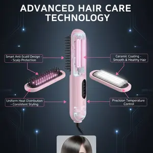 Electric Hair Straightener Brush with Ceramic Ionic Technology, Smooths Frizz & Adds Shine While Reducing Damage, Fast Heating Comb with Adjustable Heat Settings, Anti-Scald Design, Perfect for Thick, Curly & Wavy Hair