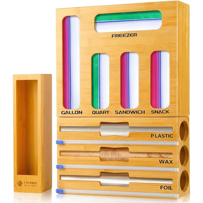 Plastic Wrap Dispenser with Cutter and Ziplock Bag organizer, 9 IN 1 Bamboo Foil and Plastic Wrap Organizer for Kitchen Drawer, Ziplock Bag Storage Organizer for Gallon,Quart,Sandwich,Snack Aluminium Containers Utensils Detachable