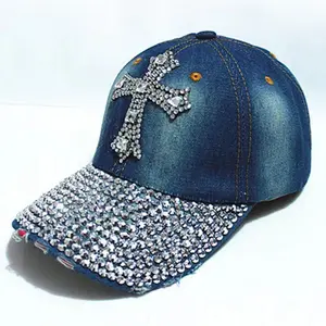 Men's and Women's Cross Rhinestone Denim Baseball Cap with Large Brim